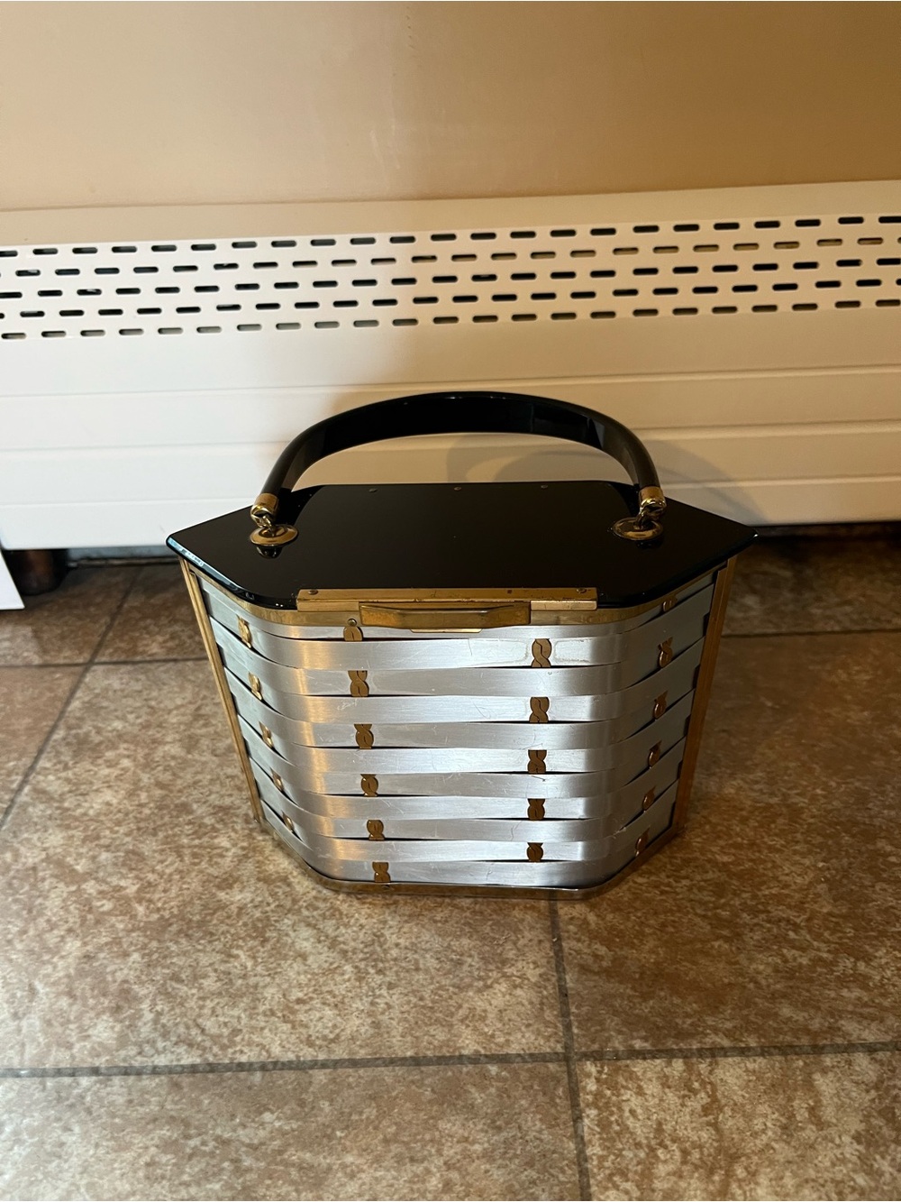 Vintage Silver-Tone Basket Weave Box Handbag with Black Handle